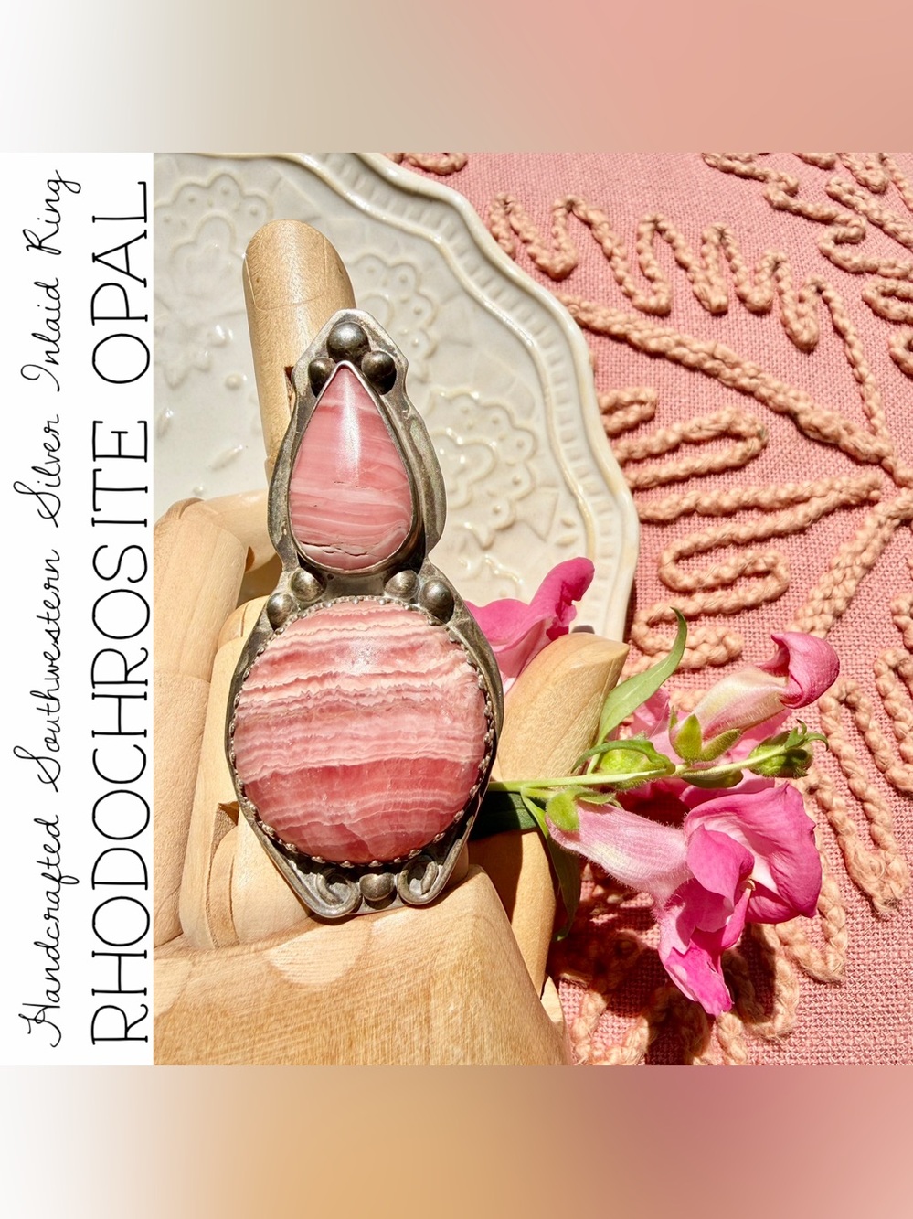 Handcrafted Southwestern Inlaid Pink Opal & Rhodochrosite Silver Statement Ring
